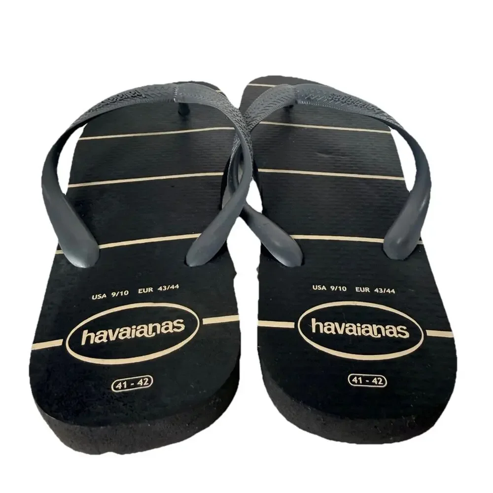 HAVAIANAS Mens Top Basic Print Flip Flops Black White Stripes US Sz 11/12